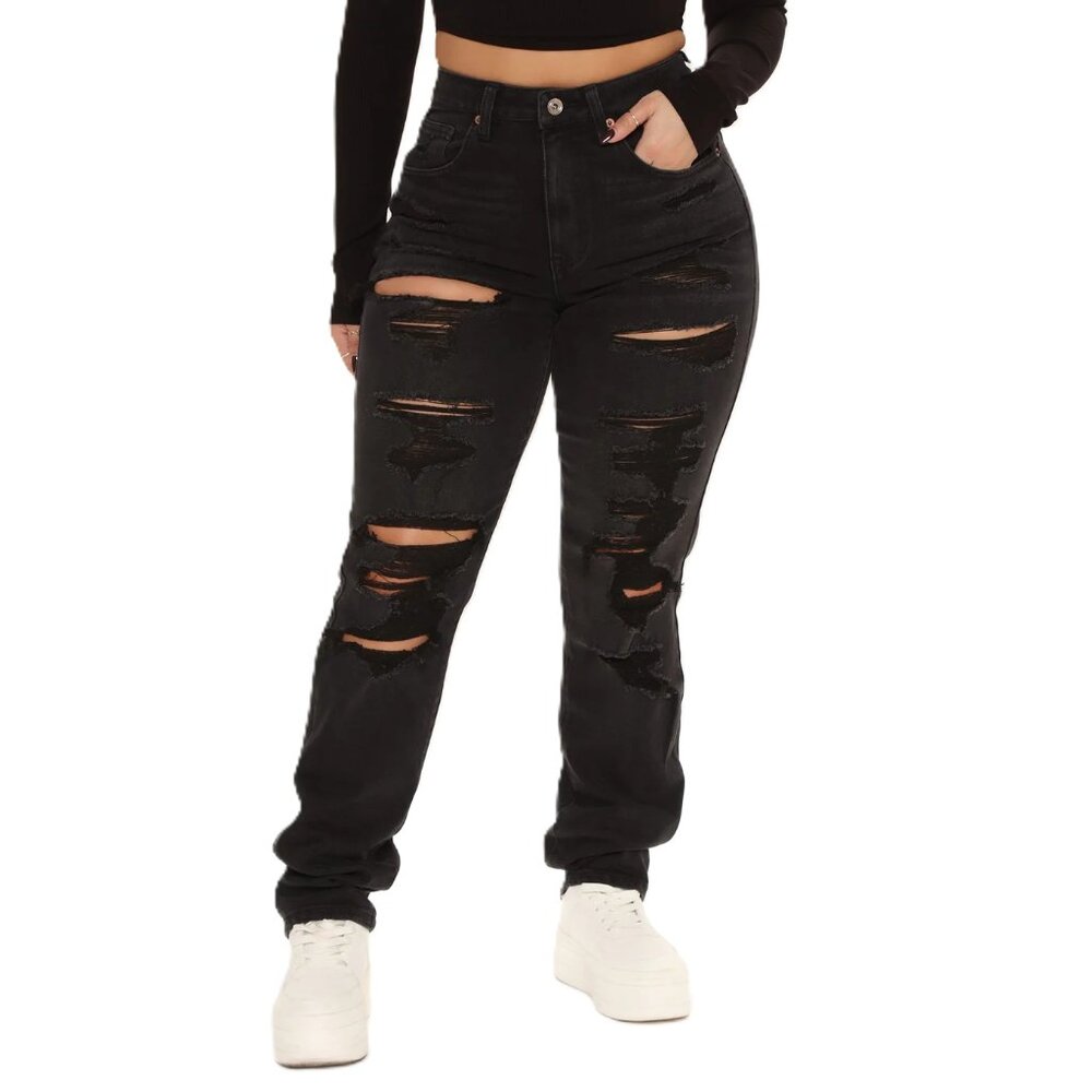 NEW Fashion Nova Getaway Destroyed Straight Leg Jeans Black Size 13 Grunge
